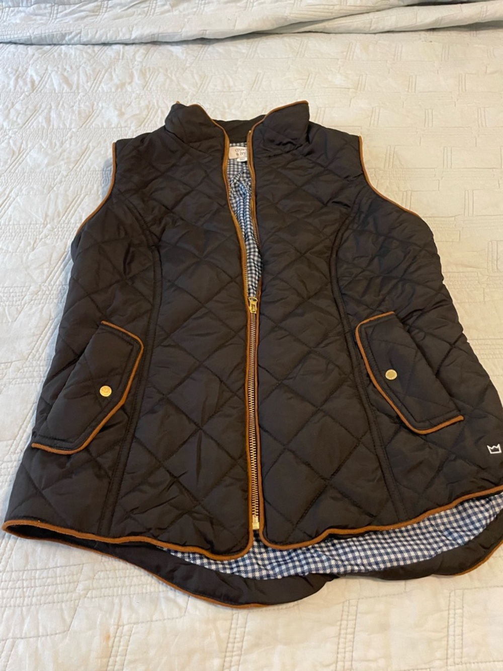 Preppy Quilted Black Vest with Contrast Trim and gingham lining